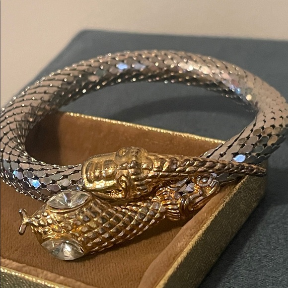 Vintage Gold & Silver Mesh Rhinestone Eye Snake Wrap Bracelet - Picture 3 of 9